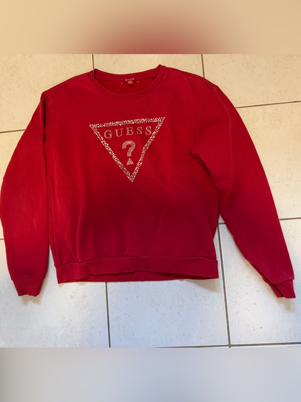 Guess Red Crewneck Sweater with Rhinestone Triangle Logo